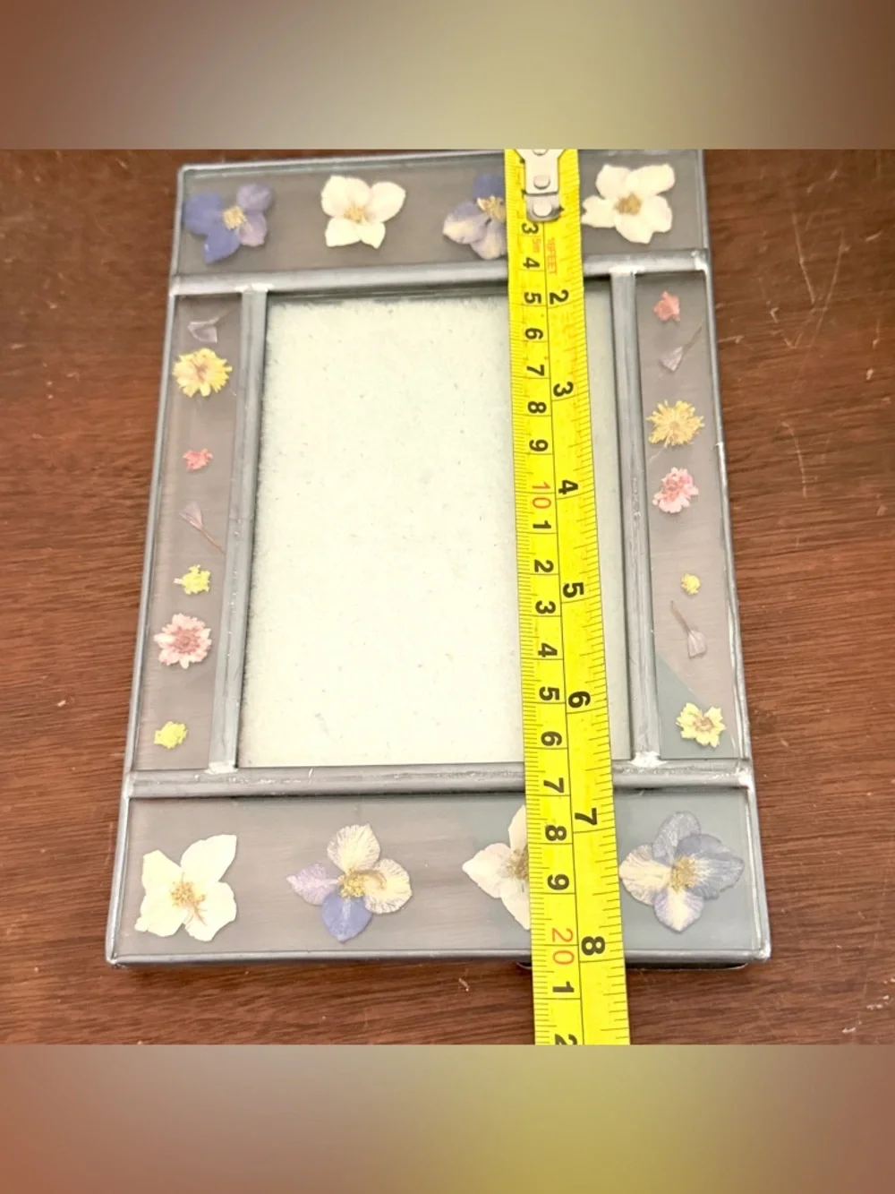 Vintage Dried Flower Pink Purple Cream Yellow Glass Picture Frame 3.5x5” Boho